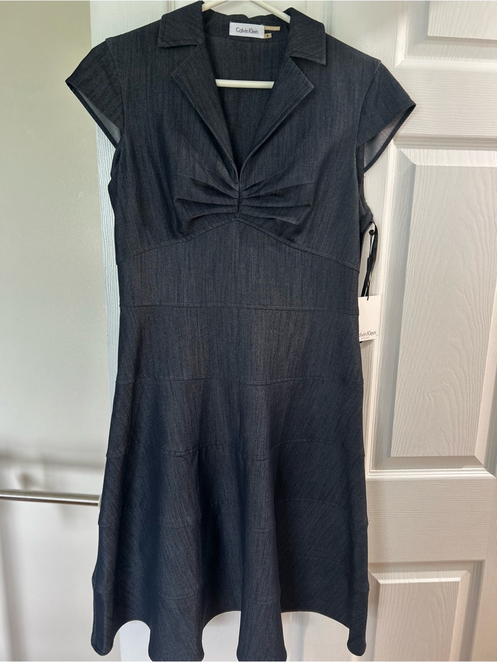 Calvin Klein Black Cap-Sleeve Fit-and-Flare Dress with Collared V-Neck